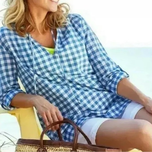 ATHGHAM. FRESH PRODUCE. NWT. Gingham Tunic Top Deep Drive Blue Sz XS/S. - Picture 1 of 13